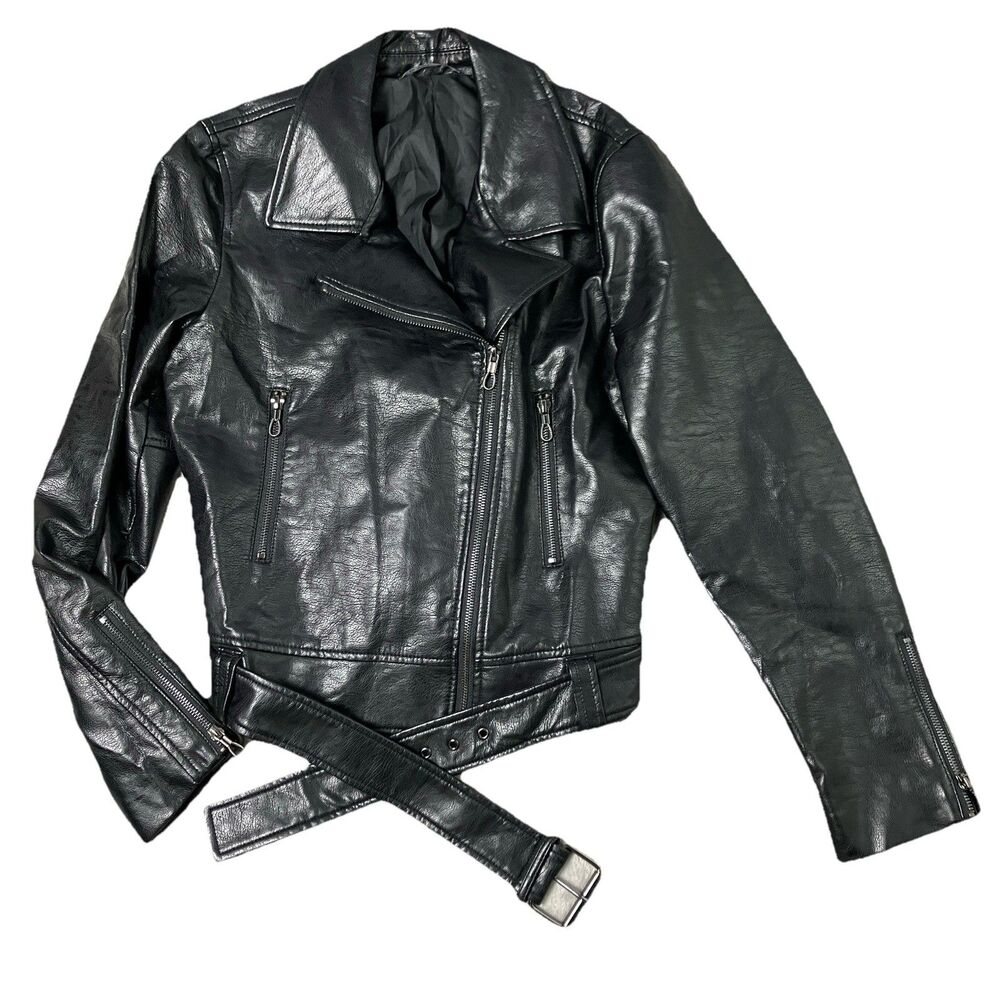 Tahari Black Faux Leather Belted Biker Zip Casual Moto Jacket